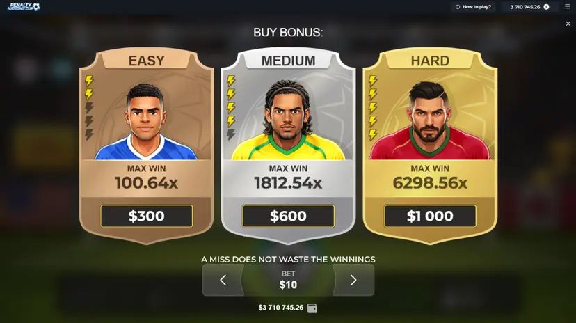 Pantalla Bonus Buy de Penalty Nations Cup - niveles Easy, Medium y Hard