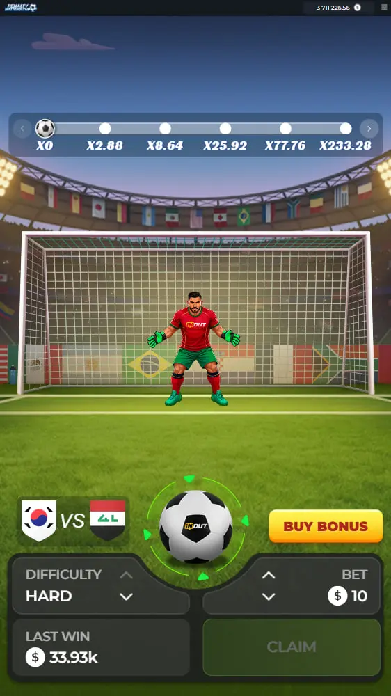 Penalty Nations Cup en modo vertical en un smartphone - lanzamiento de penalti, interfaz táctil